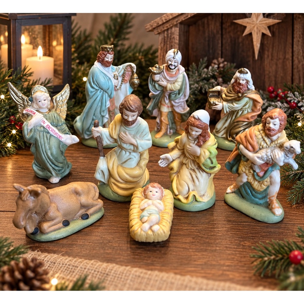 Vtg 9 Piece Porcelain Nativity Set Holy Family Wise Men Angel Shepherd Donkey